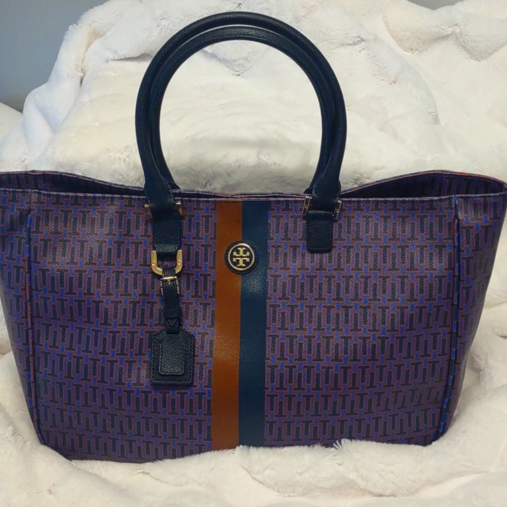 Tory Burch Large RARE Geo Print With Stripe Tote EUC